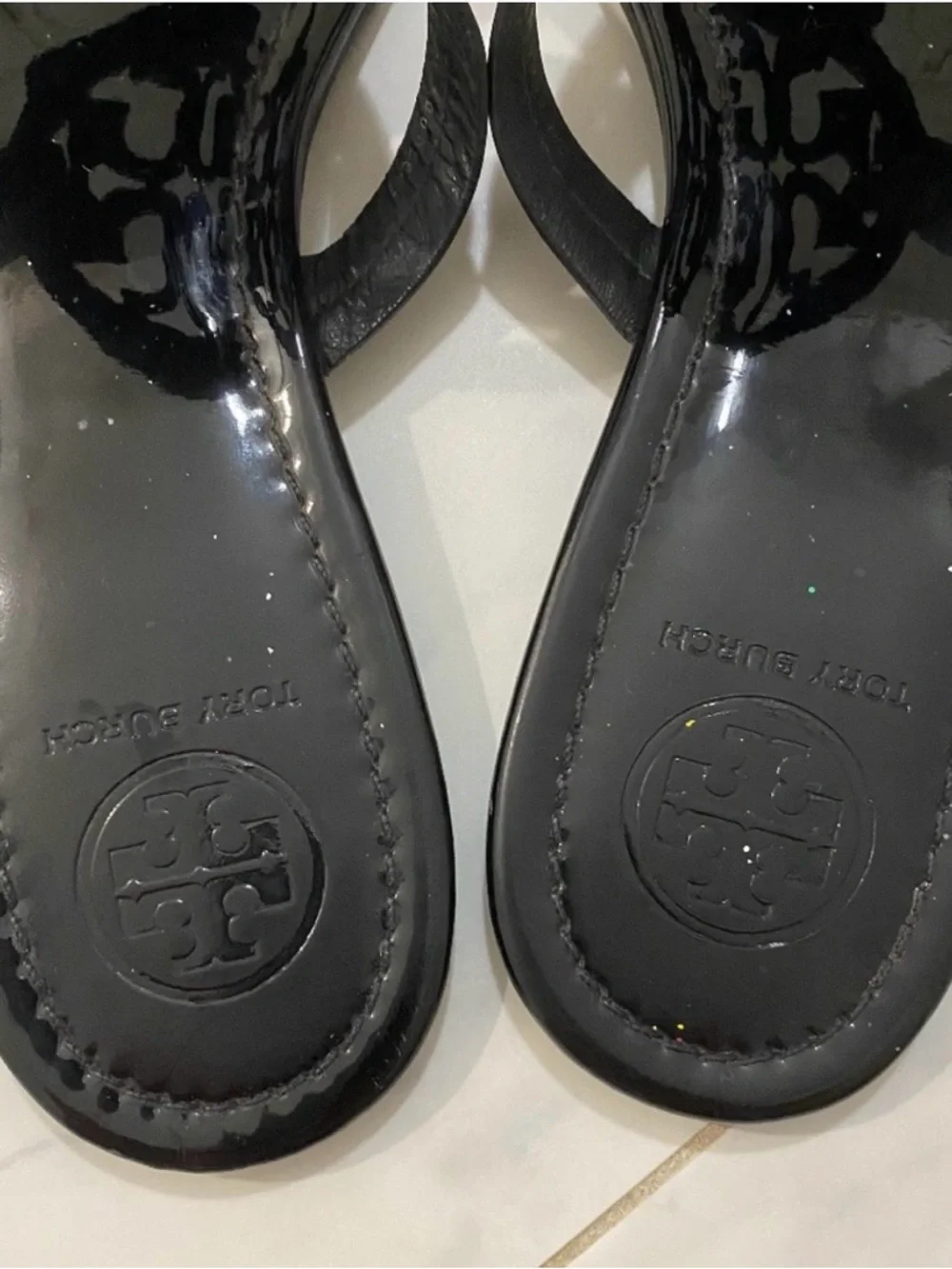 Tory Burch Black Patent Logo Thong Sandals